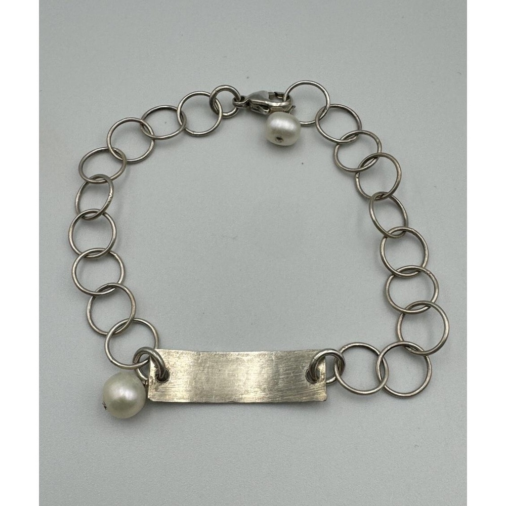 Sterling Silver 925 K&K Initial Plate Circle Link 8" Bracelet Pearl‎ Accents - Picture 3 of 8